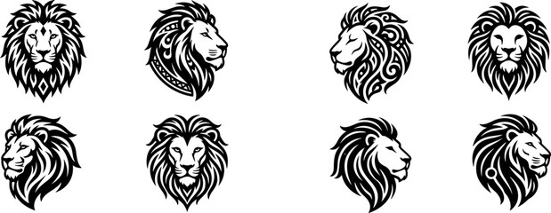 Set of eight stylized lion head portraits in black and white line art. © Mutmainah
