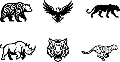Set of wild animal silhouettes including bear eagle panther rhino tiger and cheetah. © Mutmainah