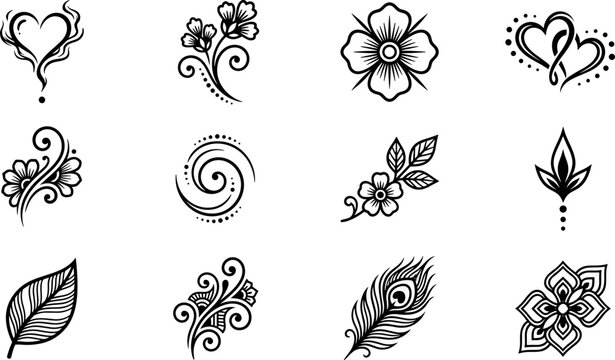Set of decorative henna tattoo designs and hand drawn botanical elements.