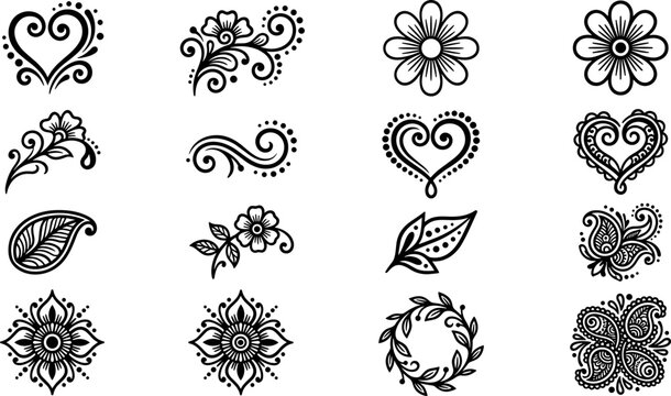 Set of decorative henna style floral and ornamental hand drawn elements.