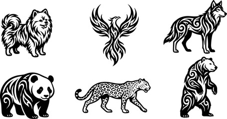 Set of six artistic tribal style animal illustrations featuring wolf panda and leopard. © Mutmainah