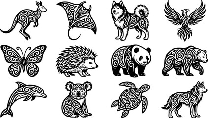 Collection of various wild animal silhouettes with intricate tribal tattoo style patterns. © Mutmainah