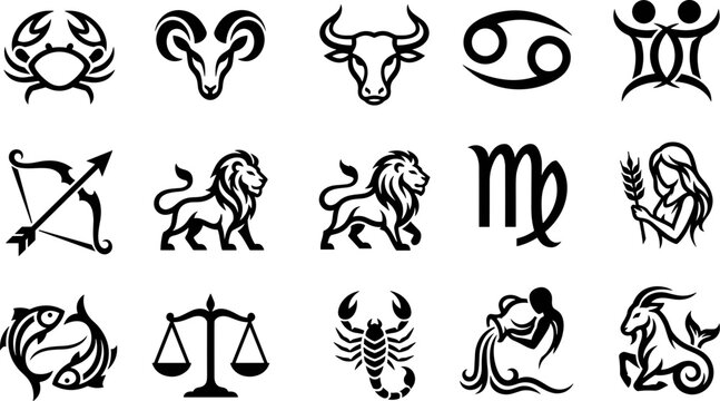 Set of Twelve Zodiac Sign Symbols in Black and White Illustration.