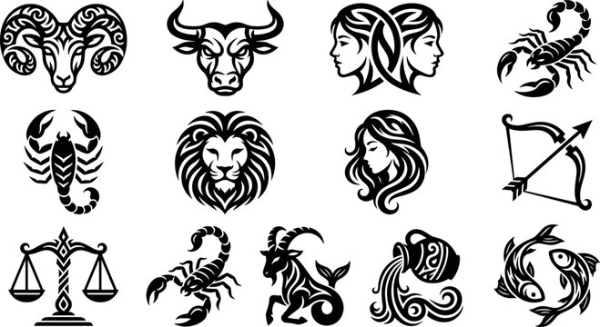 Set of twelve detailed black and white zodiac signs icons.