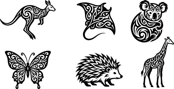 Set of decorative tribal animal illustrations featuring kangaroo stingray koala butterfly hedgehog and giraffe.