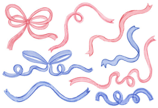 Hand Drawn Watercolor Ribbon and Bow Clipart Set Perfect for Coquette and Cottagecore Designs