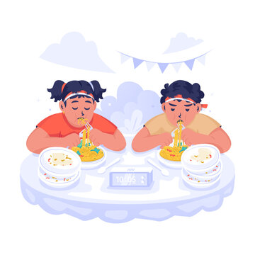 Two Children Enjoying Eating Contest During Independence Day Celebration Vector Illustration