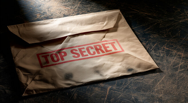 Top Secret Stamped Old File Folder on Wooden Desk
