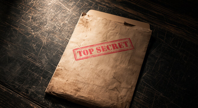 Top Secret Stamped Old File Folder on Wooden Desk
