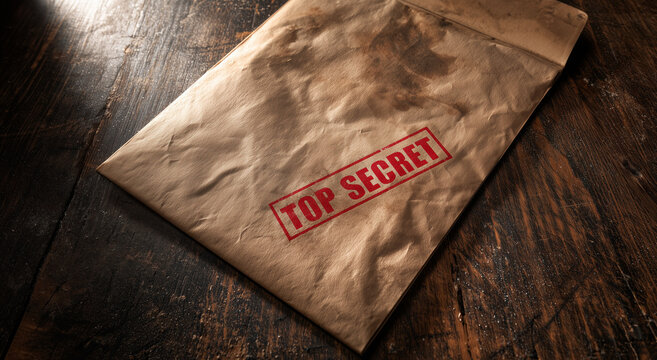 Top Secret Stamped Old File Folder on Wooden Desk
