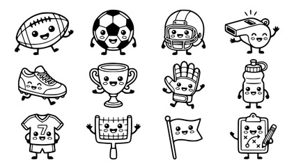 Fototapeta premium Cute kawaii football character vector set with funny cartoon soccer match line art for kids