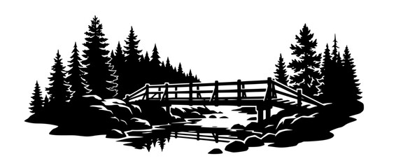 Fototapeta premium Silhouette of a wooden bridge over a river in a pine forest