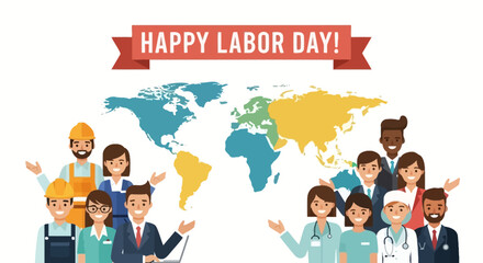 Naklejka premium Happy Labor Day Diverse Workers Around World Map Greeting