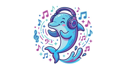 Cute cartoon dolphin happily listening to music with headphones surrounded by notes. © Delima