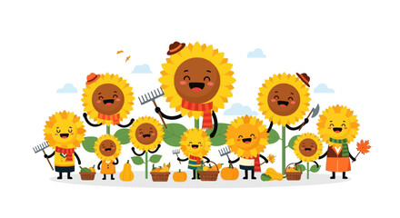 Fototapeta premium Happy Sunflower Family Autumn Harvest Cartoon Characters