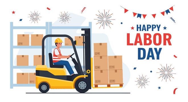 Happy Labor Day: Forklift driver celebrating holiday in warehouse with fireworks