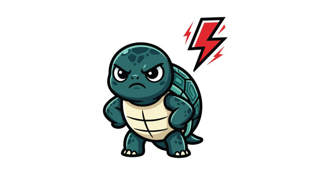 Angry Cartoon Turtle Character Showing Frustration with Lightning Bolt Icon.