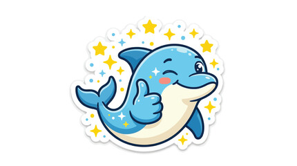 Naklejka premium Cute cartoon dolphin character giving a thumbs up gesture with sparkling background.
