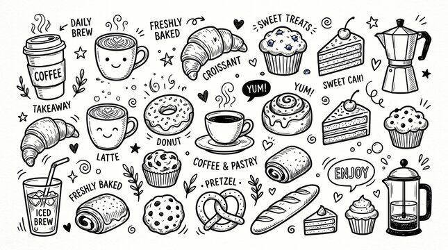  is a collection of cute, black-and-white hand-drawn doodles featuring coffee and pastries. 