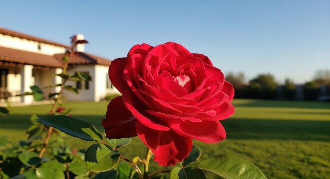 A stunning red rose in full bloom, showcasing its vibrant petals in a sunlit garden setting with a house in the background.