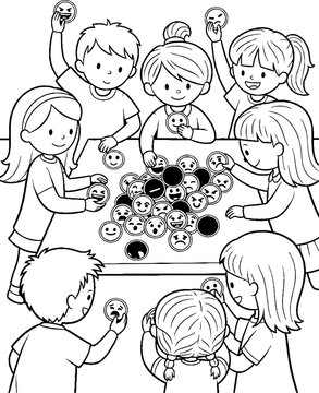 Children playing joyful tabletop game with smiley face pieces.