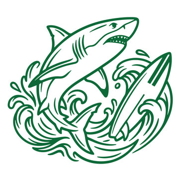 Shark and surfboard jumping through ocean waves graphic illustration with marine life surfboard predator