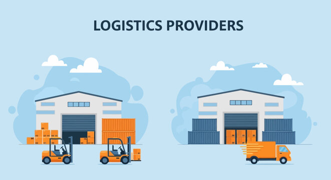 Logistics providers concept with warehouse distribution centers and transport vehicles.