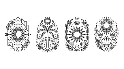 Minimalist Mystic Boho Line Art Emblems with Sun Moon and Palm Trees © kalisapu