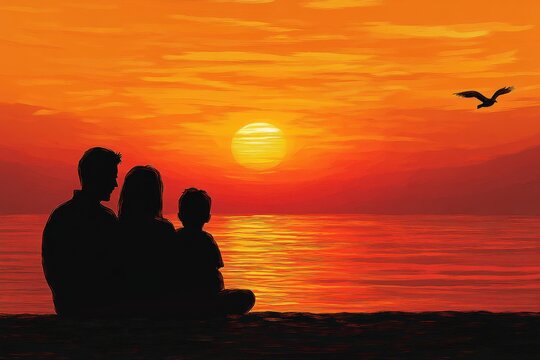 Family silhouetted watching a vibrant cartoon sunset over the ocean