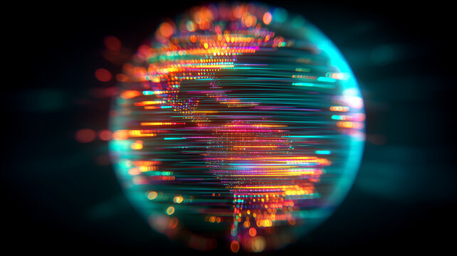 Digital globe with colorful light trails, representing global data flow, network speed, and digital connectivity.
