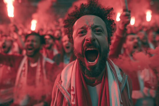 Aggressive bearded man screaming in a chaotic crowd with burning red flares and smoke. Concept of intense sports hooliganism, passionate football ultras, and violent street riots.