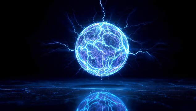 A vibrant blue energy sphere with electrical lightning discharges against a dark background, reflecting on a surface.
