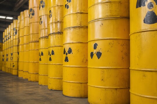 Yellow nuclear waste barrels stacked in a row at industrial warehouse