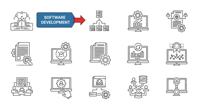 Set of line art icons illustrating software development and technology concepts.