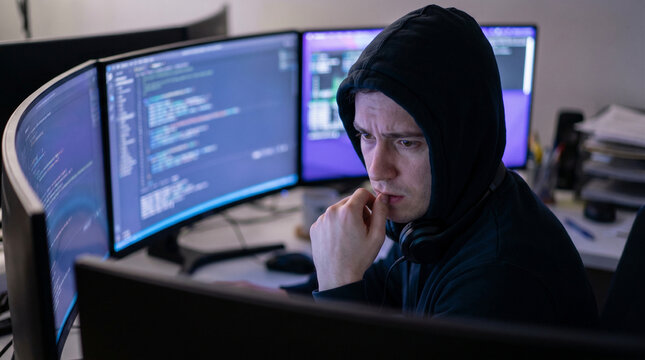 Anxious computer hacker looking at multiple code monitors