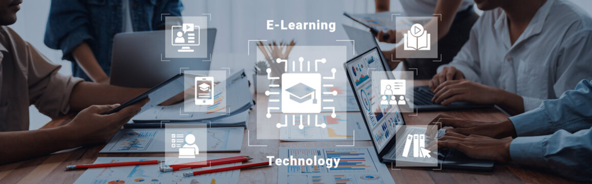 Engaging scene illustrating e-learning technology with diverse individuals collaborating in a professional setting, showcasing tools and digital resources for modern education. Cyphers