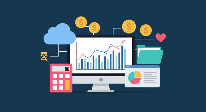 Colorful data analytics illustration featuring a computer monitor with charts, graphs and floating icons.