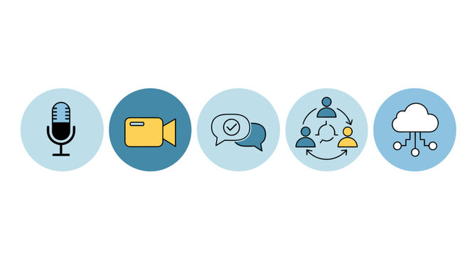Array of technology icons featuring microphone, video camera, chat bubble, network diagram, and cloud imagery.