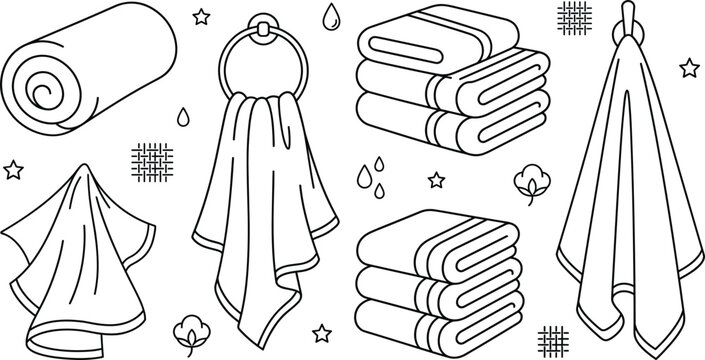 Bathroom towels collection set including folded stacked hanging rolled terry cloth fabric outline line art vector illustration laundry