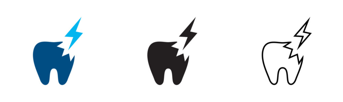 Toothache icon set. Broken cracked tooth, dental cavity pain, and sensitive dentistry medical health vector icons in flat, glyph, and line art styles. Isolated on transparent background.