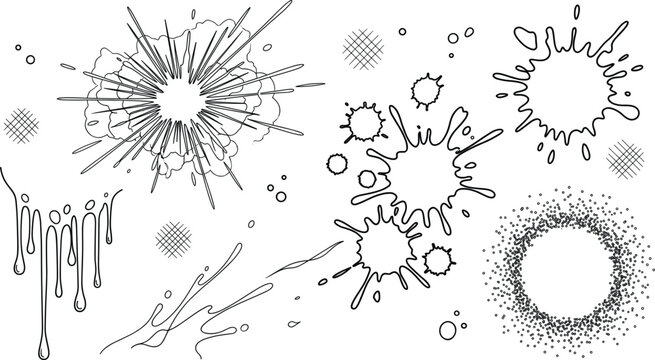 Comic explosion blast effects set with ink splatters drops liquid drips dot textures outline vector line art