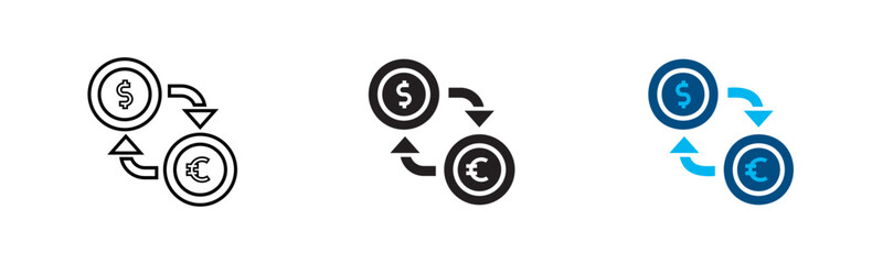 Obraz premium Currency exchange icon set. Dollar to euro money transfer, financial transaction, and conversion vector icons in flat, glyph, and line art styles. Isolated on white background.