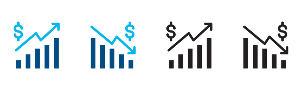Trend chart icon set. Financial market growth and loss arrow bar graph vector icons in flat silhouette style. Isolated on transparent background for business data analytics and economic report.