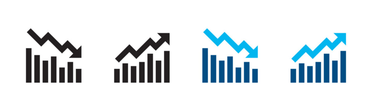 Financial trends icon set. Stock market business charts showing growth and loss vector icons in flat and line art styles. Falling and Raising Business Bar chart Icon Set.