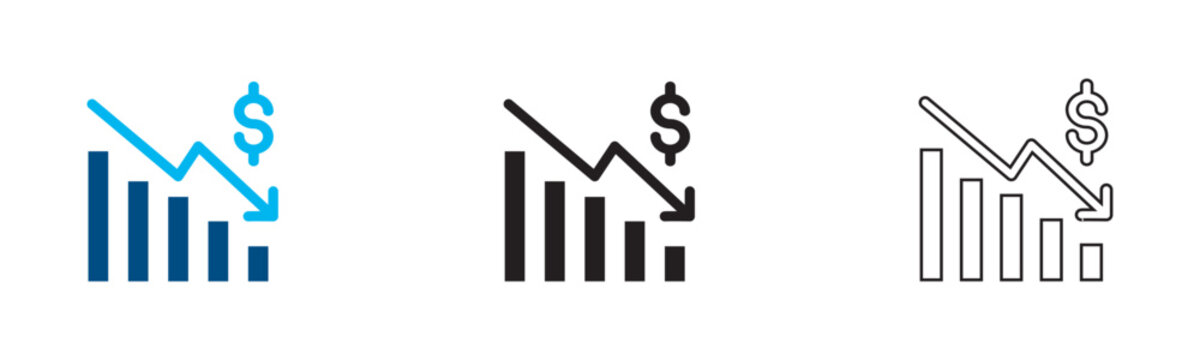 Financial loss icon vector set. Decreasing money graph, stock market crash, bankruptcy and economic crisis symbols. Dollar depreciation chart in flat, outline, solid, blue graphic style.