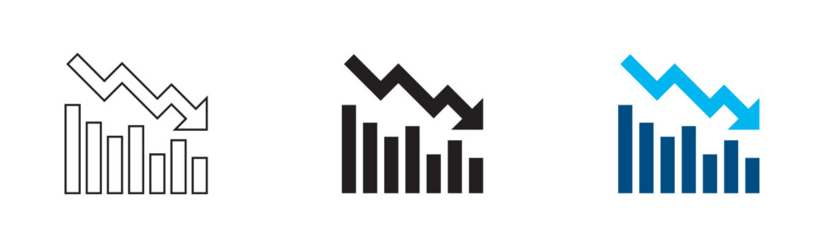 Downward trend bar chart icon set vector. Negative business growth, economic recession, declining sales and market failure statistics. Linear, solid and blue presentation infographics.