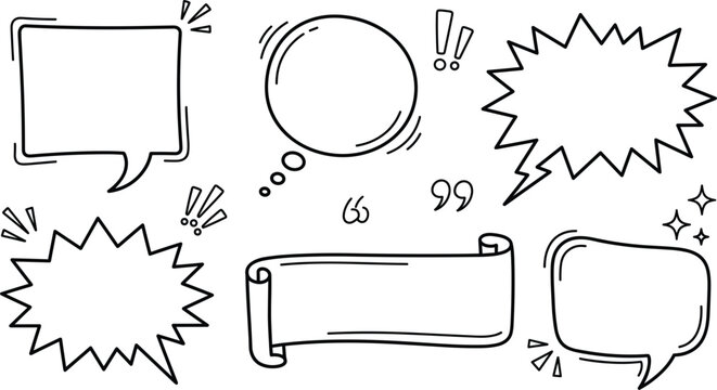 Speech bubbles and comic explosion cloud set with blank ribbon banners text quote boxes outline line art vector illustration