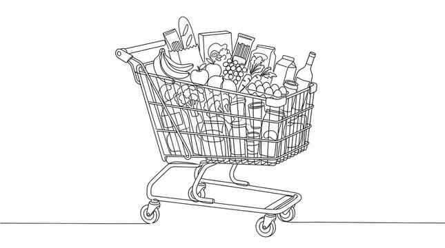 Full grocery shopping cart line art illustration