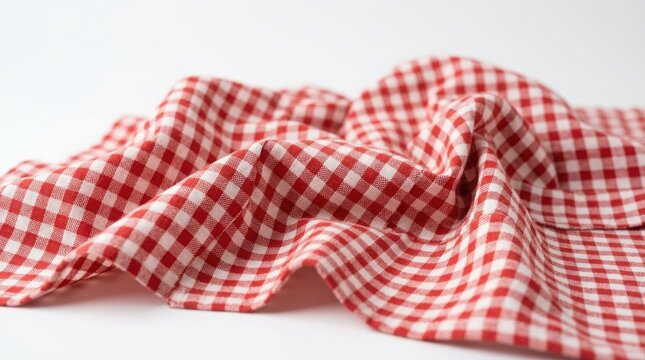 Red and white gingham pattern fabric texture background with checkered tablecloth material wrinkled background backdrop breakfast