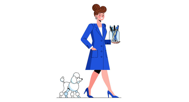 Elegant woman in blue suit holding asparagus with poodle.